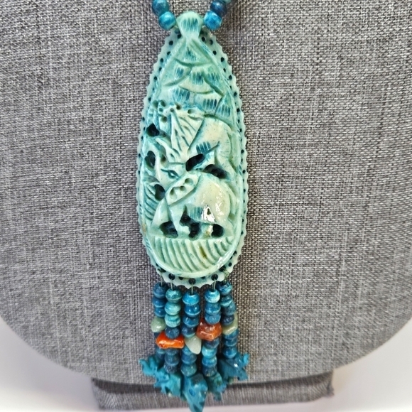 VINTAGE Carved Elephant Beaded Turquoise Large Pendant Fetish Necklace - Picture 7 of 10